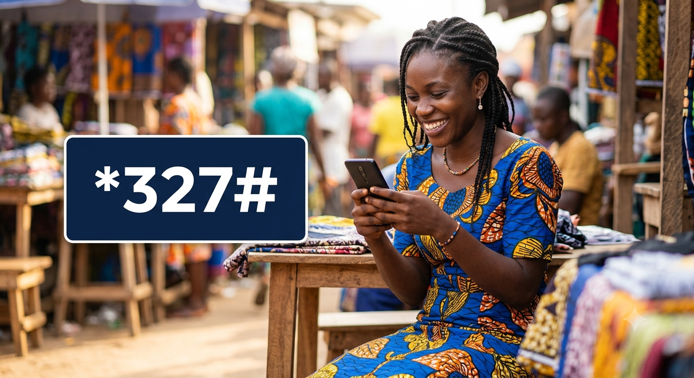 A woman smiling while accessing mobile money